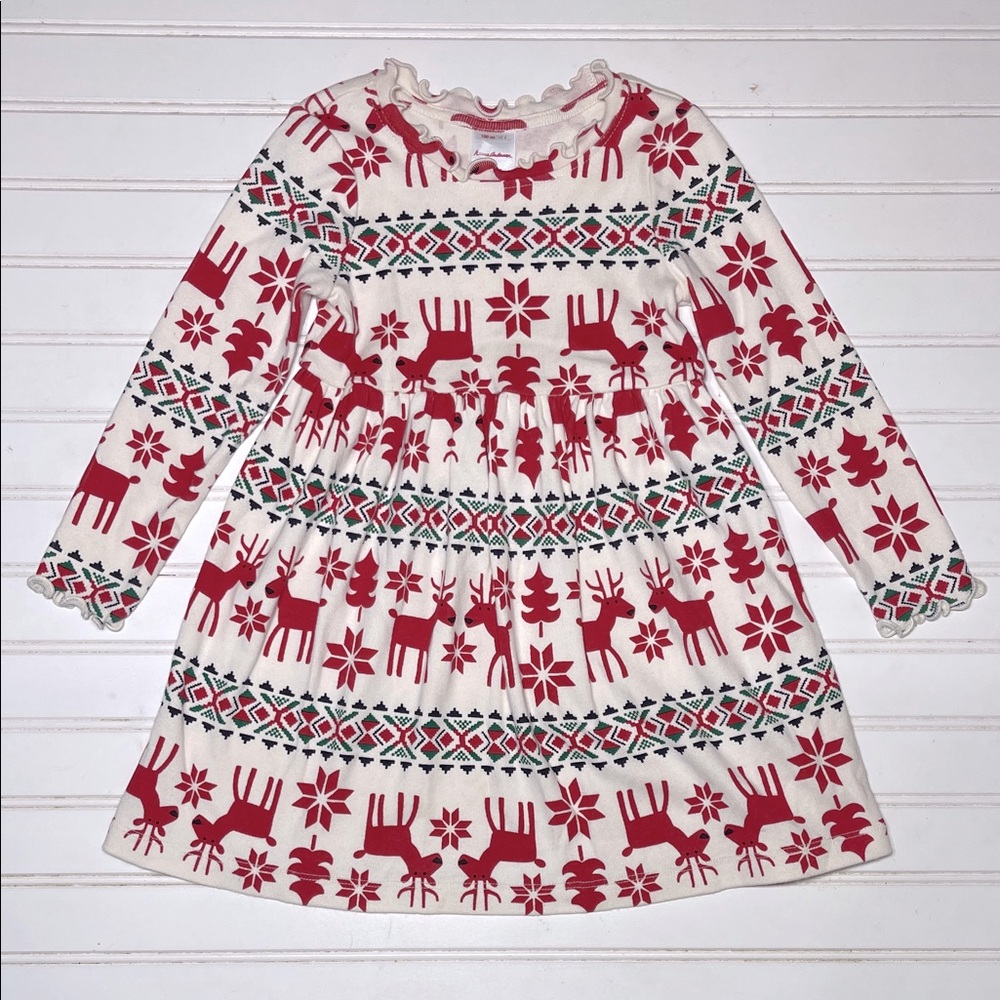 HANNA ANDERSSON EUC Christmas Reindeer Fair Isle Lettuce Trim Long Sleeve Dress